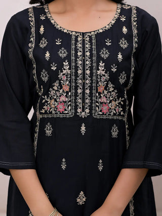 Black Silk Blend Floral Embroidered Straight Shape Suit Set with Dupatta