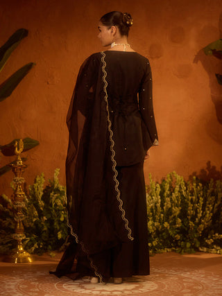 Black Viscose Chanderi Embroidered Ethnic A-Line Kurta Set with Dupatta