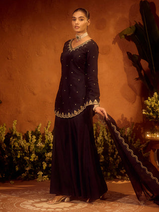 Black Viscose Chanderi Embroidered Ethnic A-Line Kurta Set with Dupatta