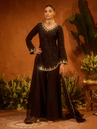 Black Viscose Chanderi Embroidered Ethnic A-Line Kurta Set with Dupatta