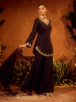 Black Viscose Chanderi Embroidered Ethnic A-Line Kurta Set with Dupatta