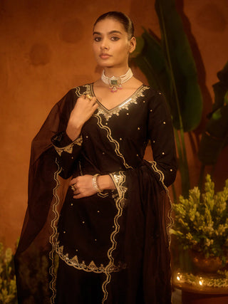 Black Viscose Chanderi Embroidered Ethnic A-Line Kurta Set with Dupatta