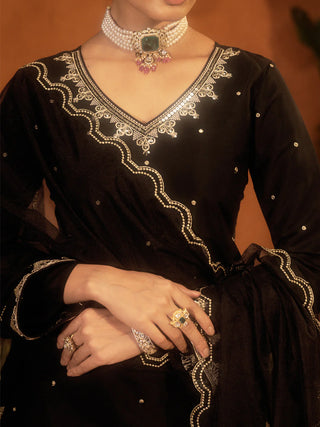 Black Viscose Chanderi Embroidered Ethnic A-Line Kurta Set with Dupatta