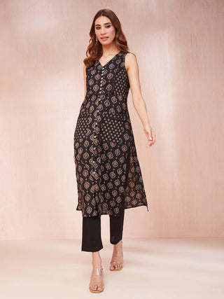 Black Cotton Ethnic Motif Print A Line Kurta