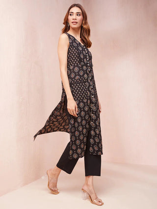 Black Cotton Ethnic Motif Print A Line Kurta