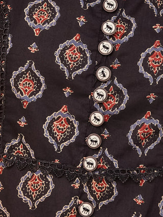 Black Cotton Ethnic Motif Print A Line Kurta