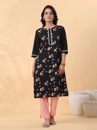 Black Crepe Floral Print Straight Shape Kurta