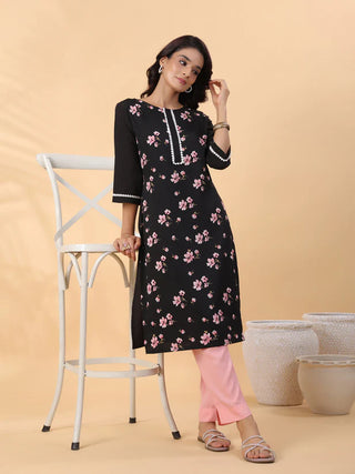 Black Crepe Floral Print Straight Shape Kurta