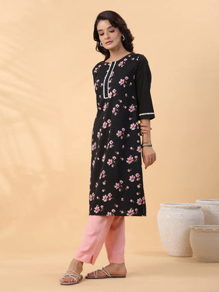 Black Crepe Floral Print Straight Shape Kurta