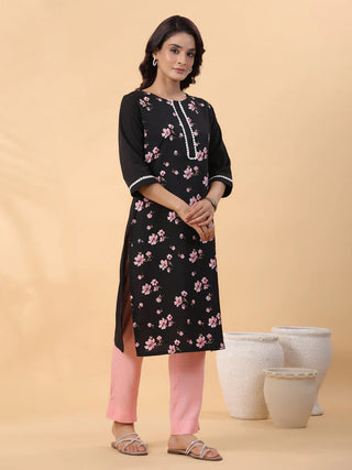 Black Crepe Floral Print Straight Shape Kurta