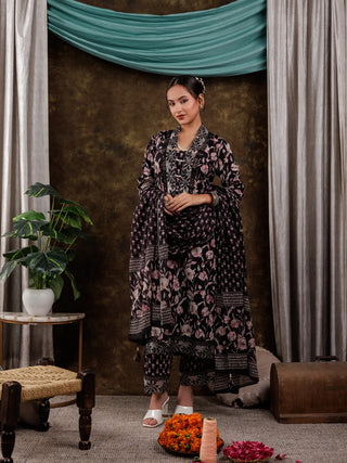 Black Cotton Floral Print & Lace Work Suit Set with Voile Dupatta