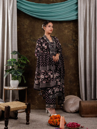 Black Cotton Floral Print & Lace Work Suit Set with Voile Dupatta