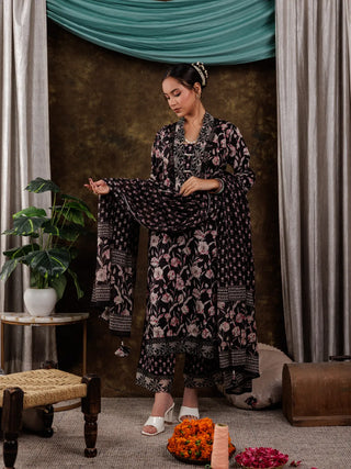 Black Cotton Floral Print & Lace Work Suit Set with Voile Dupatta