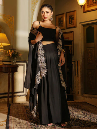 Black Georgette Zari Embroidered Top & Skirt with Cape Set