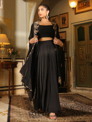 Black Georgette Zari Embroidered Top & Skirt with Cape Set