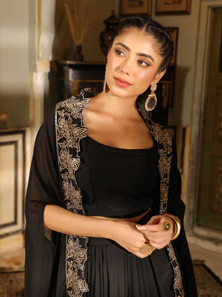 Black Georgette Zari Embroidered Top & Skirt with Cape Set