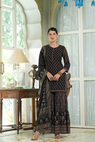 Black Georgette Printed Straight Fit Sharara Set