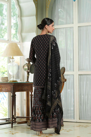 Black Georgette Printed Straight Fit Sharara Set