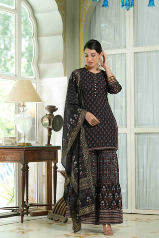 Black Georgette Printed Straight Fit Sharara Set