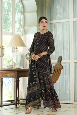 Black Georgette Printed Straight Fit Sharara Set