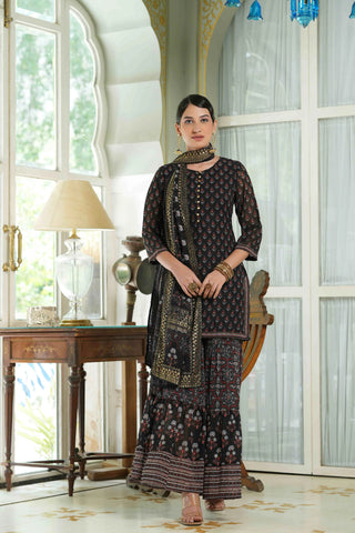 Black Georgette Printed Straight Fit Sharara Set