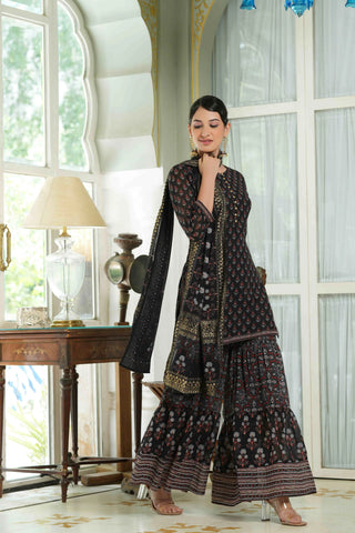 Black Georgette Printed Straight Fit Sharara Set