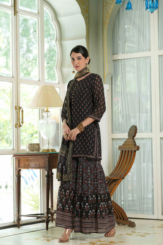 Black Georgette Printed Straight Fit Sharara Set