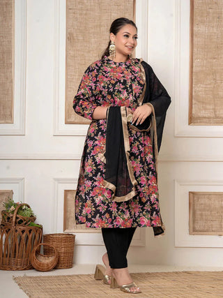 Black Cotton Floral Print Kantha Work Suit Set with Poly Chiffon Dupatta