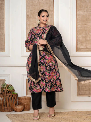 Black Cotton Floral Print Kantha Work Suit Set with Poly Chiffon Dupatta