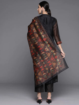Black Printed Chanderi Silk Kurta Set With Silk Blend Bottoms And Dupatta