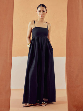 Solid Black Lenin Maxi Style Dress