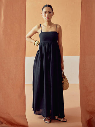 Solid Black Lenin Maxi Style Dress