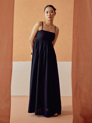 Solid Black Lenin Maxi Style Dress