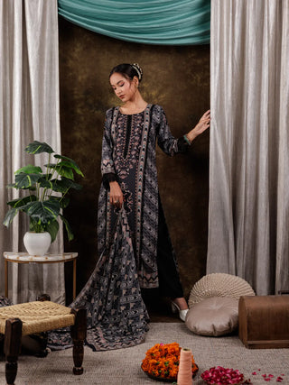 Black Silk Ethnic Motif Embroidered Suit Set with Dupatta