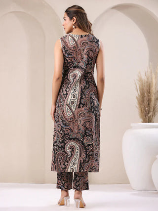 Black Cotton Paisley Print Kurta Bottom Set
