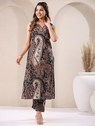 Black Cotton Paisley Print Kurta Bottom Set
