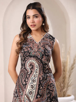 Black Cotton Paisley Print Kurta Bottom Set