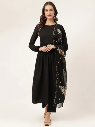 Solid Black Poly Crepe Suit Set with Georgette Gold Foil Print Dupatta