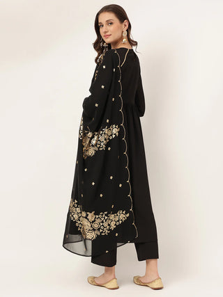 Solid Black Poly Crepe Suit Set with Georgette Gold Foil Print Dupatta