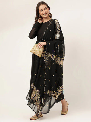 Solid Black Poly Crepe Suit Set with Georgette Gold Foil Print Dupatta