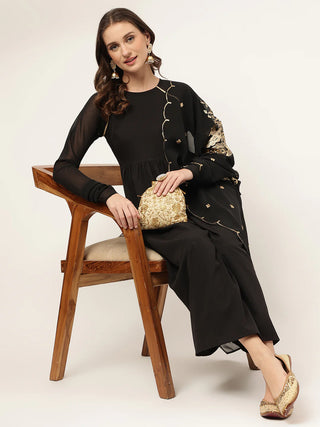 Solid Black Poly Crepe Suit Set with Georgette Gold Foil Print Dupatta