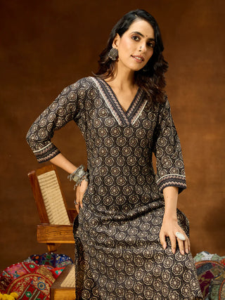 Black Cotton Printed Kurta Pant Set