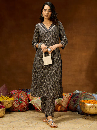 Black Cotton Printed Kurta Pant Set