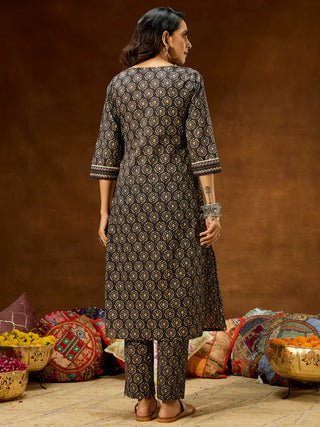 Black Cotton Printed Kurta Pant Set