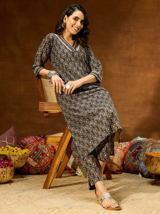 Black Cotton Printed Kurta Pant Set