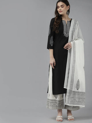 Black Cotton Yoke Embroidered & Printed Suit Set with Voile Dupatta