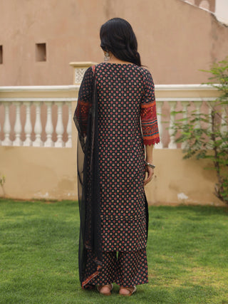 Black Rayon Printed, Mirror & Thread Work Suit Set with Dupatta