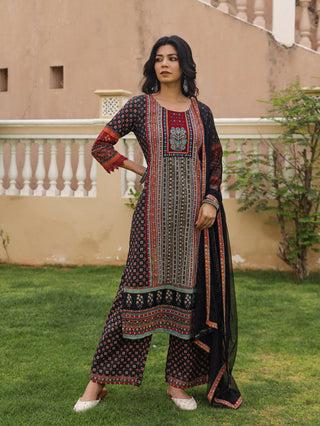 Black Rayon Printed, Mirror & Thread Work Suit Set with Dupatta