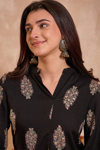 Black Cotton Regular Style Floral Print Kurta