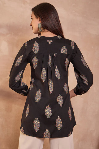 Black Cotton Regular Style Floral Print Kurta